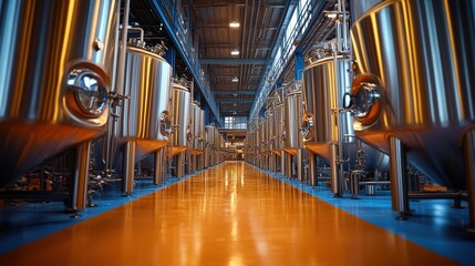 Industrial brewing facility with large fermentation tanks