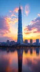 Tall skyscraper reflected in calm water at sunset. Colorful clouds