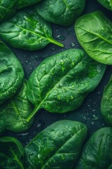 Fototapeta premium Spinach, macro, bright green background, surrounded by other spinach leaves, water drops on the surface of the spinach and the environment, top view, high detail, close-up.