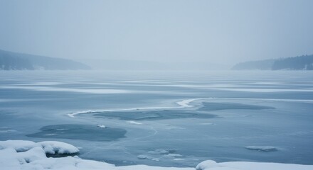 Obraz premium Serene winter landscape featuring a frozen lake under a misty sky, evoking tranquility