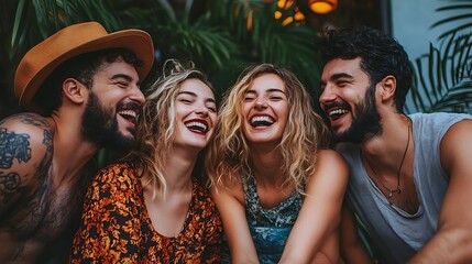 Fototapeta premium Happy friends laughing together outdoors.