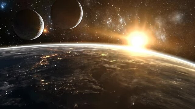 Spectacular view of sunrise from space with two planets and distant stars in the background