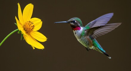 Fototapeta premium Vibrant hummingbird hovering near a bright yellow flower in a serene natural setting