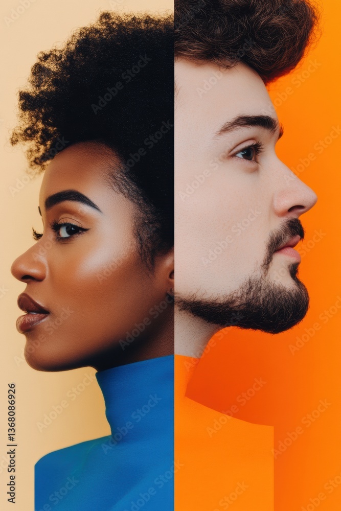 Poster chromatic diversity bold geometric portrait series exploring multicultural identity through vibrant 