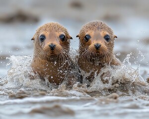 Two seal pups playing in muddy coastal waters