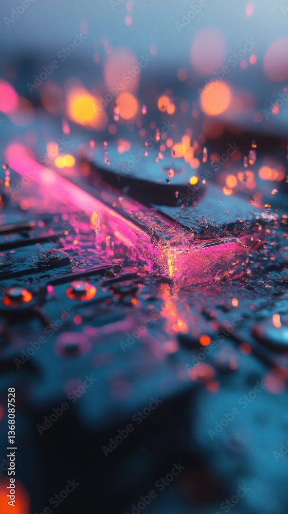 Poster Cyberpunk Liquid Tech Immersive Neon Water Splash Macro Revealing Futuristic Digital Transformation for AI and Design Innovation