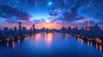 Naklejka premium City skyline at twilight, reflecting in calm waters under a starlit sky