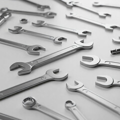Spanners and wrenches on a white background, close-up