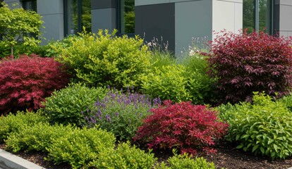 Lush landscaping features Japanese maple and vibrant shrubs outside commercial building in urban setting. Sustainable gardening.