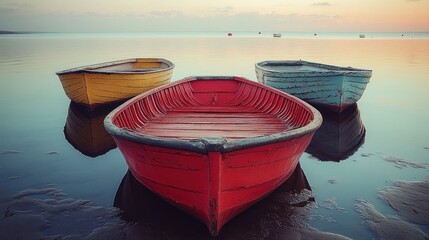Obraz premium Three colorful boats at rest on calm water at sunset