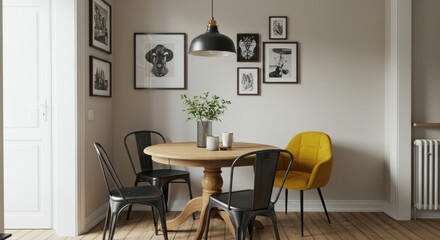 A dining area featuring a round table surrounded by chairs and artwork hanging on the wall decoratively