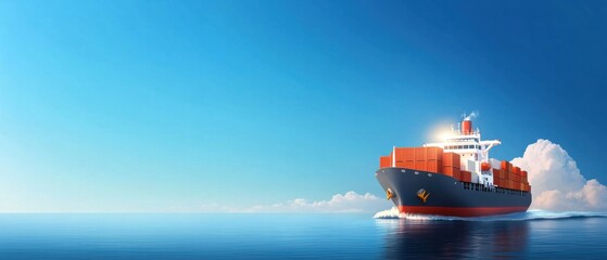 Fototapeta premium Aerial view of a massive cargo ship fully loaded with stacked shipping containers sailing through the open waters of a vast ocean or sea. The ship is navigating the maritime trade route.