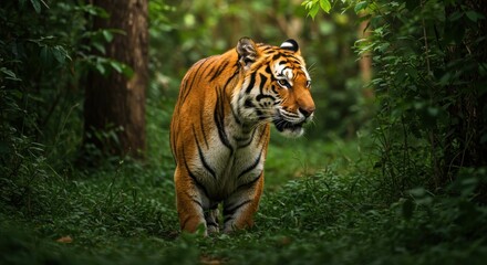 Majestic tiger prowling through dense green forest, showcasing its powerful presence