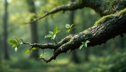Fototapeta premium New Spring Leaves on Mossy Tree Branch in Forest