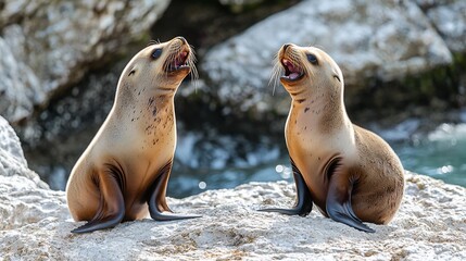 Fototapeta premium Two sea lion pups vocalizing on rocks near ocean