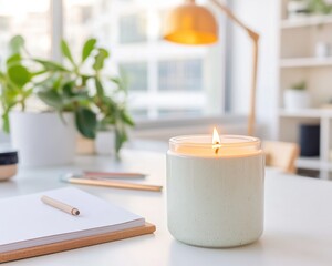 Mindful Workspace Sanctuary Minimalist Ceramic Candle Illuminates Serene Home Office with Botanical Wellness Styling - Productivity Meets Holistic Design Inspiration