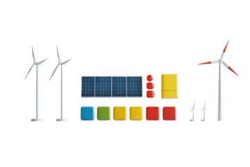A vibrant collection of renewable energy sources showcasing wind turbines, solar panels, and energy storage solutions in a clean and simple design.