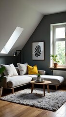 Fototapeta premium Modern grey attic lounge with L-shaped sofa, coffee table, plants, and artwork on walls, artwork, L-shaped sofa, plants