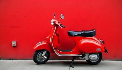 A vintage red scooter parked against a red wall, Moped of the famous Italian brand   of red color, created with generative ai