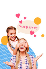 Trend artwork composite 3D photo collage design of young girl hand cover mom eyes speech cloud surprise gratitude spring happy holiday