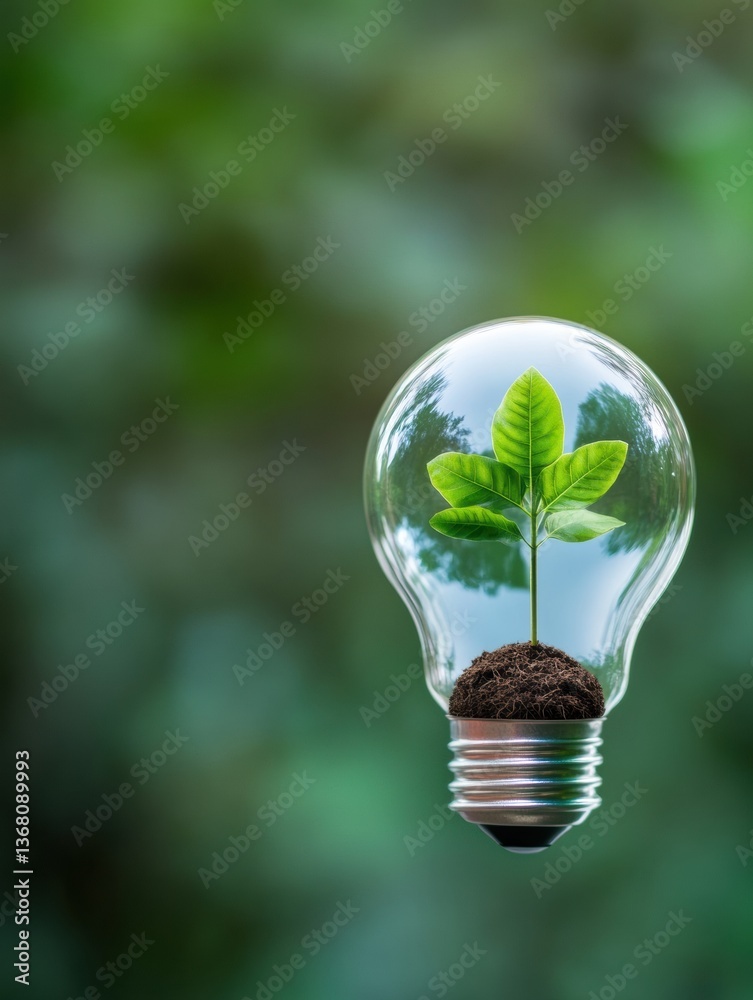 Poster eco-innovation visualization green growth inside translucent glass lightbulb - sustainable tech meta