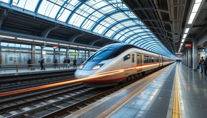 Obraz premium High Speed Train Arriving at Modern Station Platform