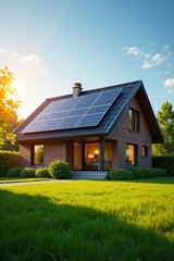 Obraz premium Modern house with solar panels on the rooftop reflecting sunlight, energy efficient home, renewable, sunlight, reflection