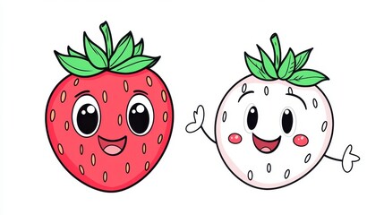 Obraz premium Cute Cartoon Characters of Red and White Strawberries with Smiles