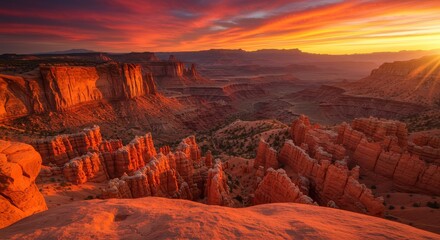 Stunning sunset over rugged canyon landscape with vibrant colors and dramatic clouds