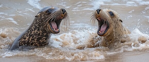 Obraz premium Two sea lions roar, ocean surf background, wildlife