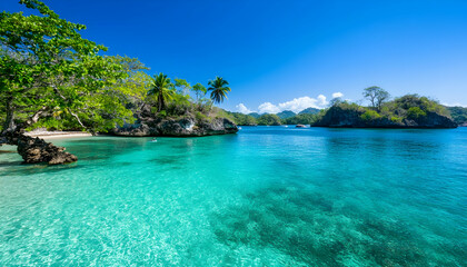 Fototapeta premium Idyllic tropical beach with crystal-clear turquoise water, lush greenery, and rocky islets under a vibrant blue sky