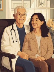 Obraz premium Elderly Man in a Lab Coat Sitting Next to a Woman