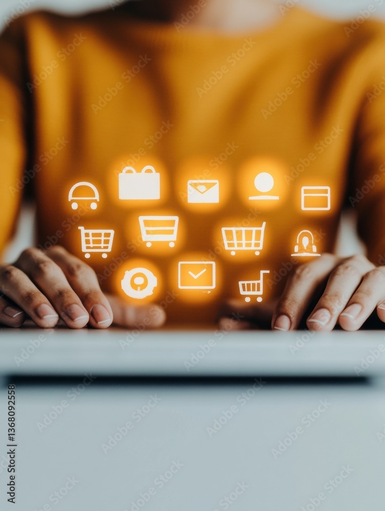 Aufkleber Immersive Digital Commerce Gen Z Entrepreneur Navigating Seamless Global Retail Experience with Intuitive AR-Enabled Workspace Interface and Vibrant Interactive Shopping Icons