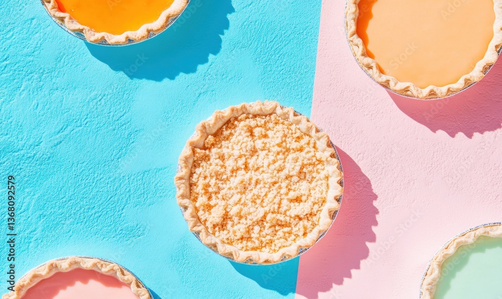 Poster Chromatic Culinary Canvas Deconstructed Pie Art Showcasing Gourmet Minimalism, Color Block Food Styling for Digital Content Creation