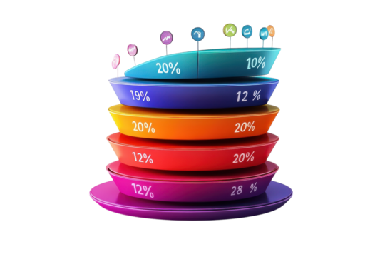 A vibrant layered data presentation showcasing percentage distribution with colorful rings and small icons, creating a dynamic and engaging visual.