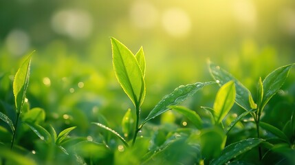 Fresh Green Tea Leaves with Morning Dew, Soft Sunlight, and Blurred Spring Blossoms, Capturing Serene Natural Beauty
