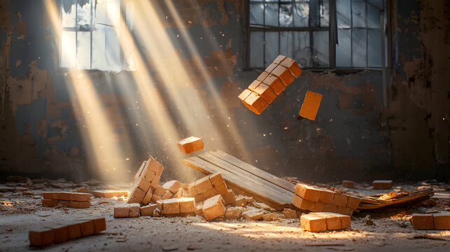 Falling bricks and wooden planks from an old, collapsing building