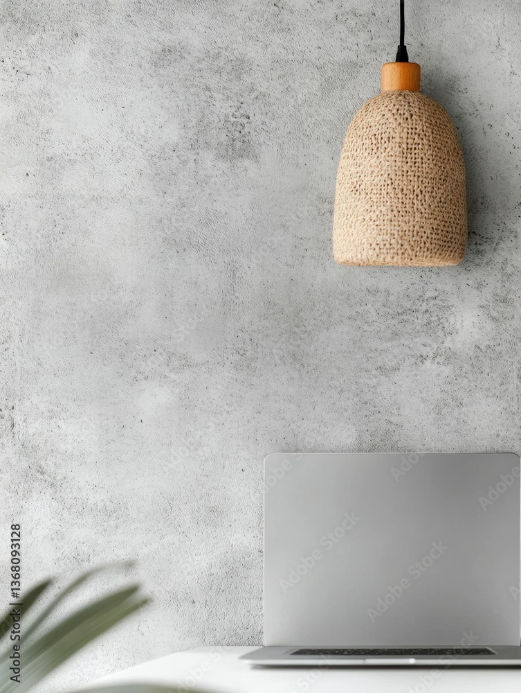 Poster minimalist digital workspace woven pendant lamp and sleek laptop on textured concrete - modern creat