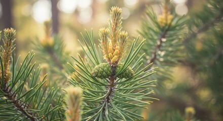 Close-up of pine tree buds and needles in a serene forest setting during springtime