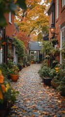 Fototapeta premium Cobblestone lane, autumn leaves, brick buildings, lush greenery
