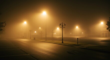 Misty Night Street Scene Warm Yellow Lights. AI Generated