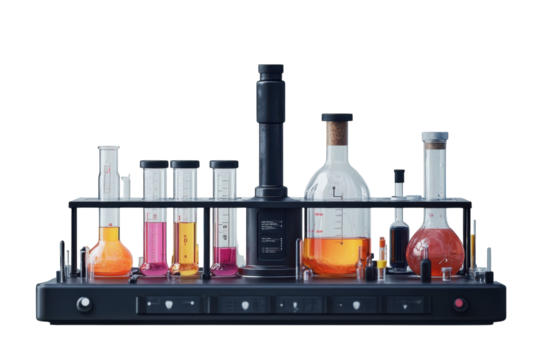 A vibrant scientific experiment unfolds, colorful liquids swirling in glass beakers and test tubes on a sleek, modern apparatus, a scene of precision and discovery.