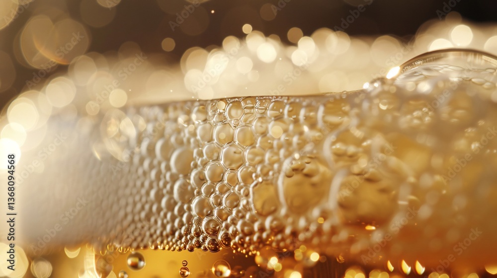 Aufkleber Close up of golden beer bubbles rising in a glass with sparkling bokeh background