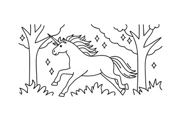 Magical Unicorn Galloping Through Enchanting Forest Coloring Page