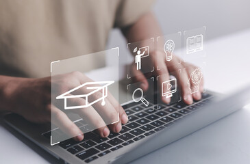 E-learning education concept, internet lessons and online webinar. who attends online lessons on a...