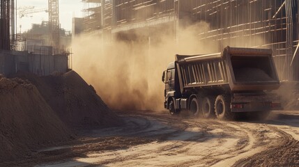 Dump Truck at Construction Site, Dust and Sand, Heavy Machinery, Industrial, Building, Urban, Development