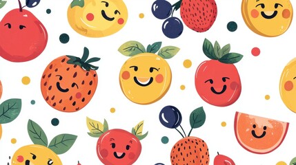 Cheerful Fruit Pattern with Smiling Faces and Colorful Elements