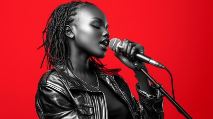 A passionate female singer performing with a microphone against a red background