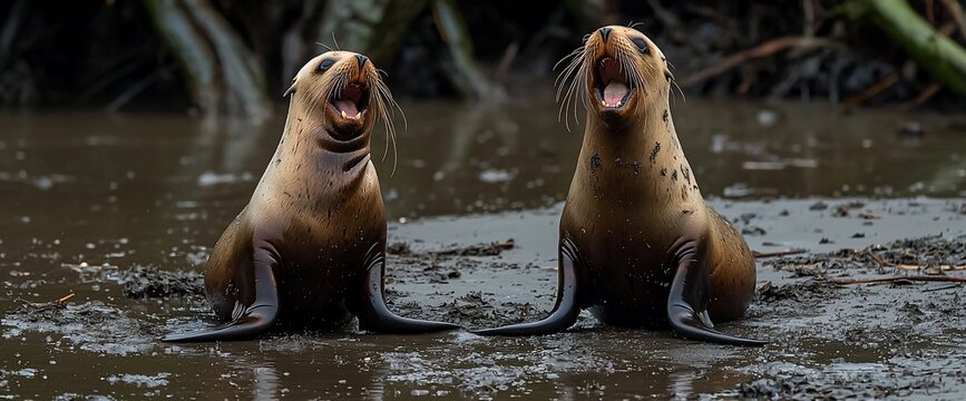 Two sea lions vocalizing in muddy coastal waters, mangrove background. Wildlife photo