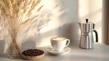 Obraz premium Minimalist Coffee Setup with Espresso Cup Roasted Beans and Milk Frother on Light Background